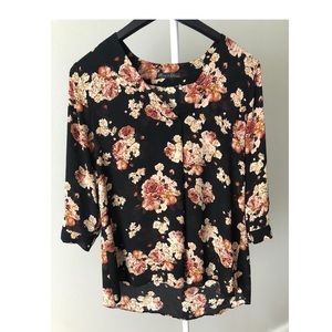 Floral Print Black Long Sleeve Blouse